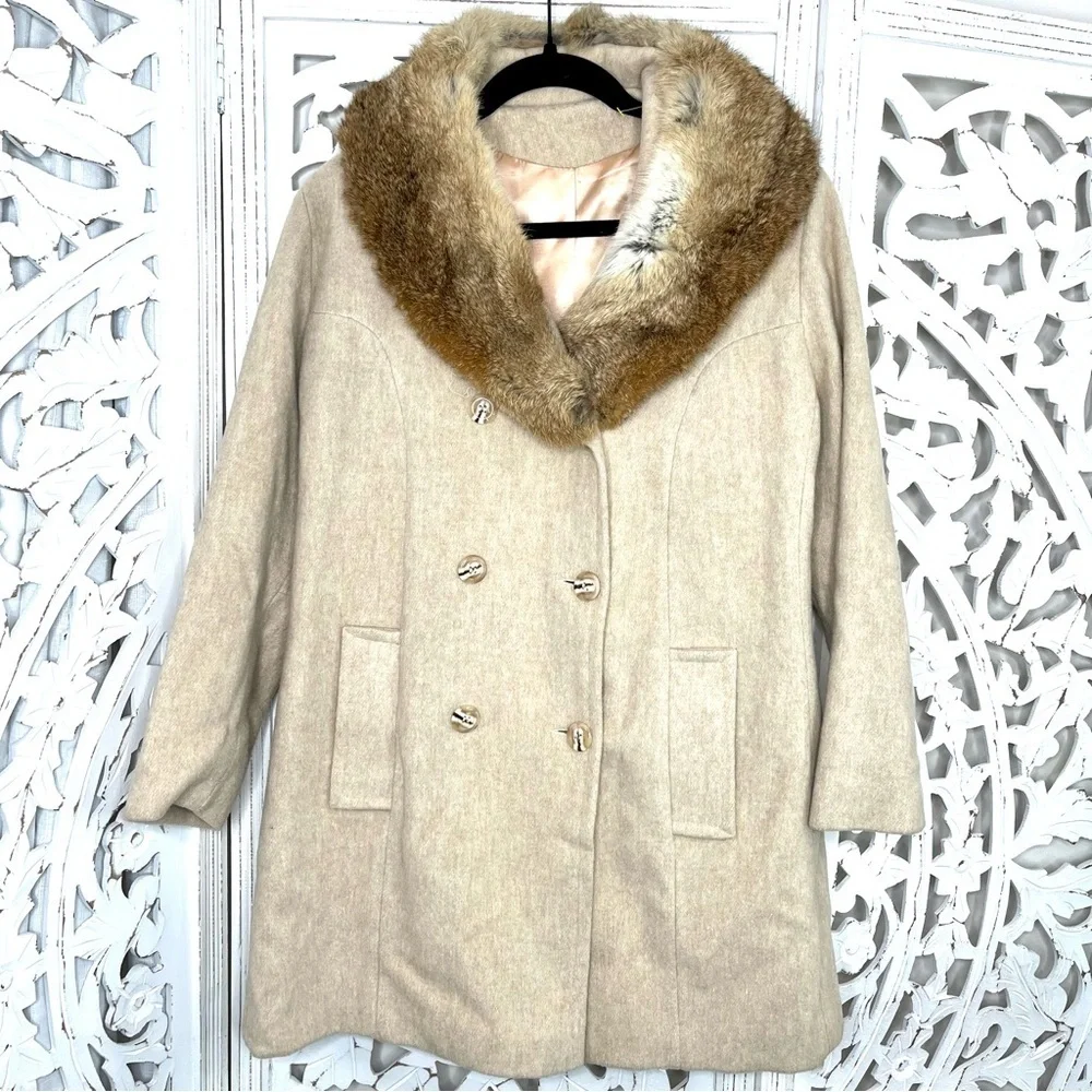 Vintage Beige Wool Fur Collar Peacoat